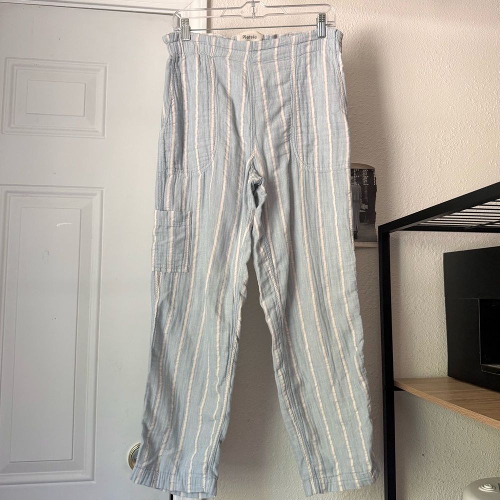 PIETSIE blue white striped‎ organic cotton straight leg pull on cropped pants